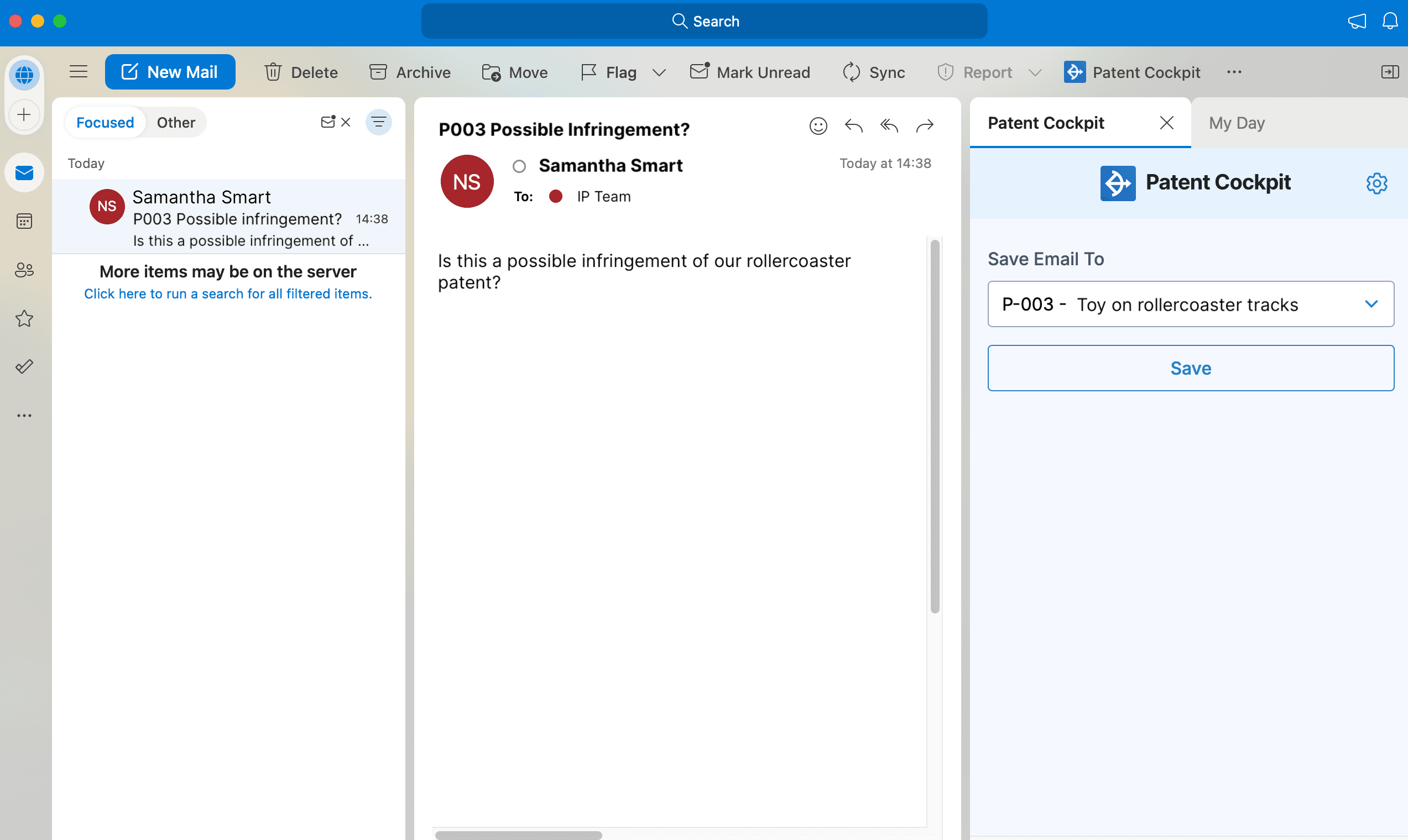 Save your emails straight from your inbox to Patent Cockpit.