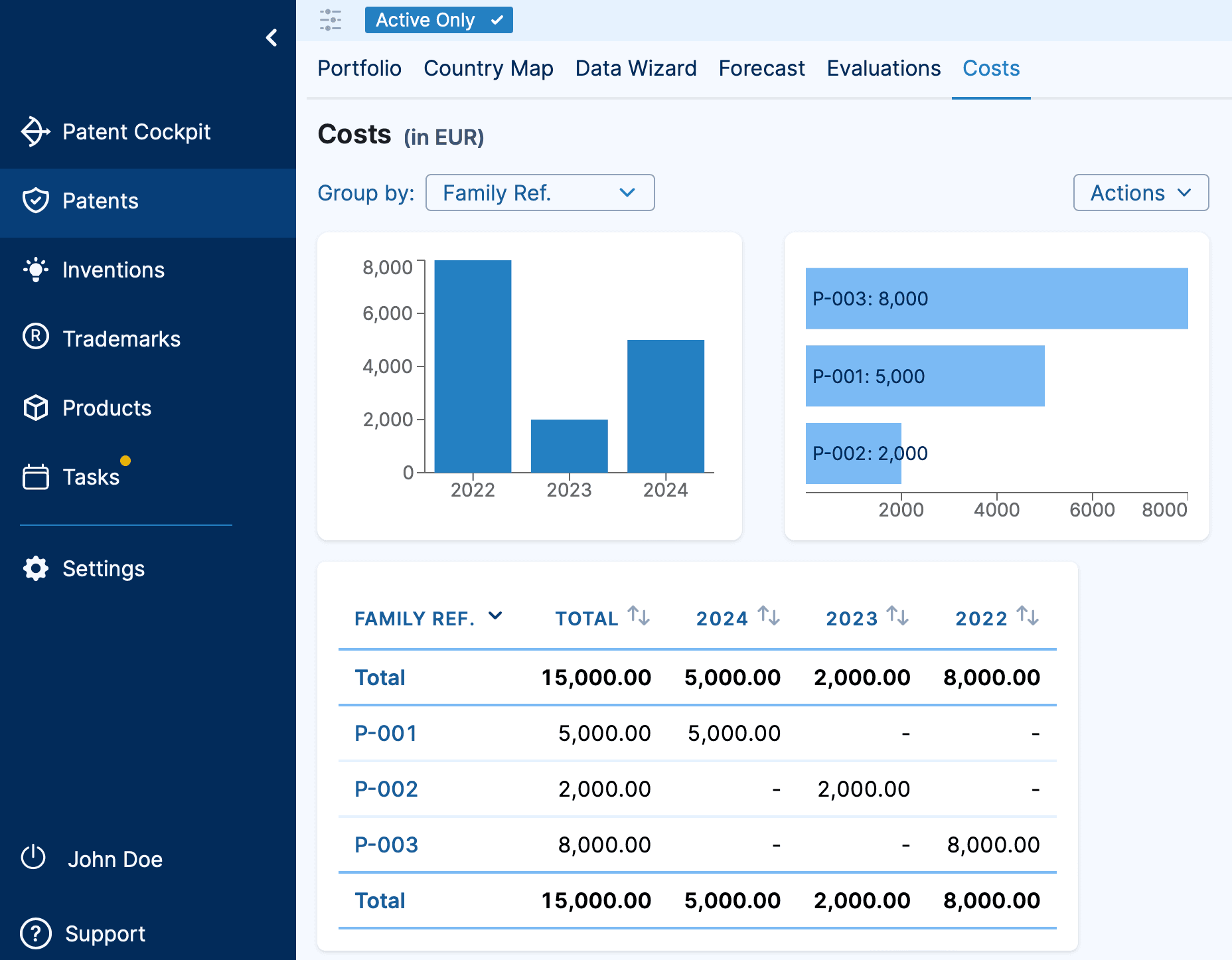 Capture your costs and see which patents cost you the most. Analyze per year, cost center or patent family.